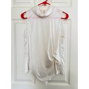 Go Silk Blouse Cream Sleeveless Turtleneck Button Ruched Detail Women’s Size XS